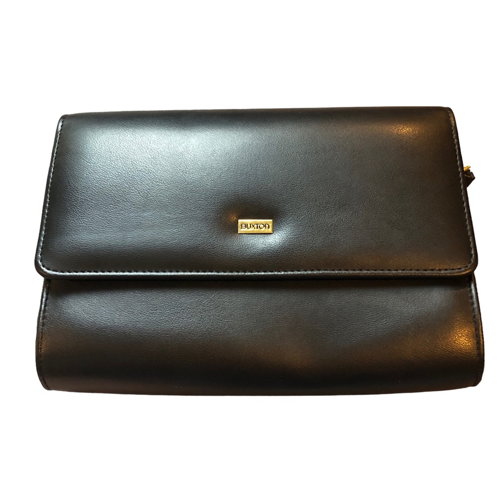 NWOT BUXTON CROSSBODY Detachable strap in wrapper Black leather many pockets